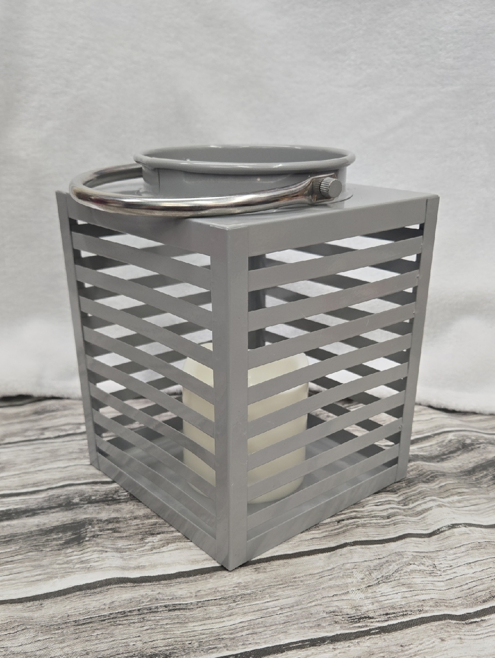 Gray Slatted Metal Lantern with Flameless Candle